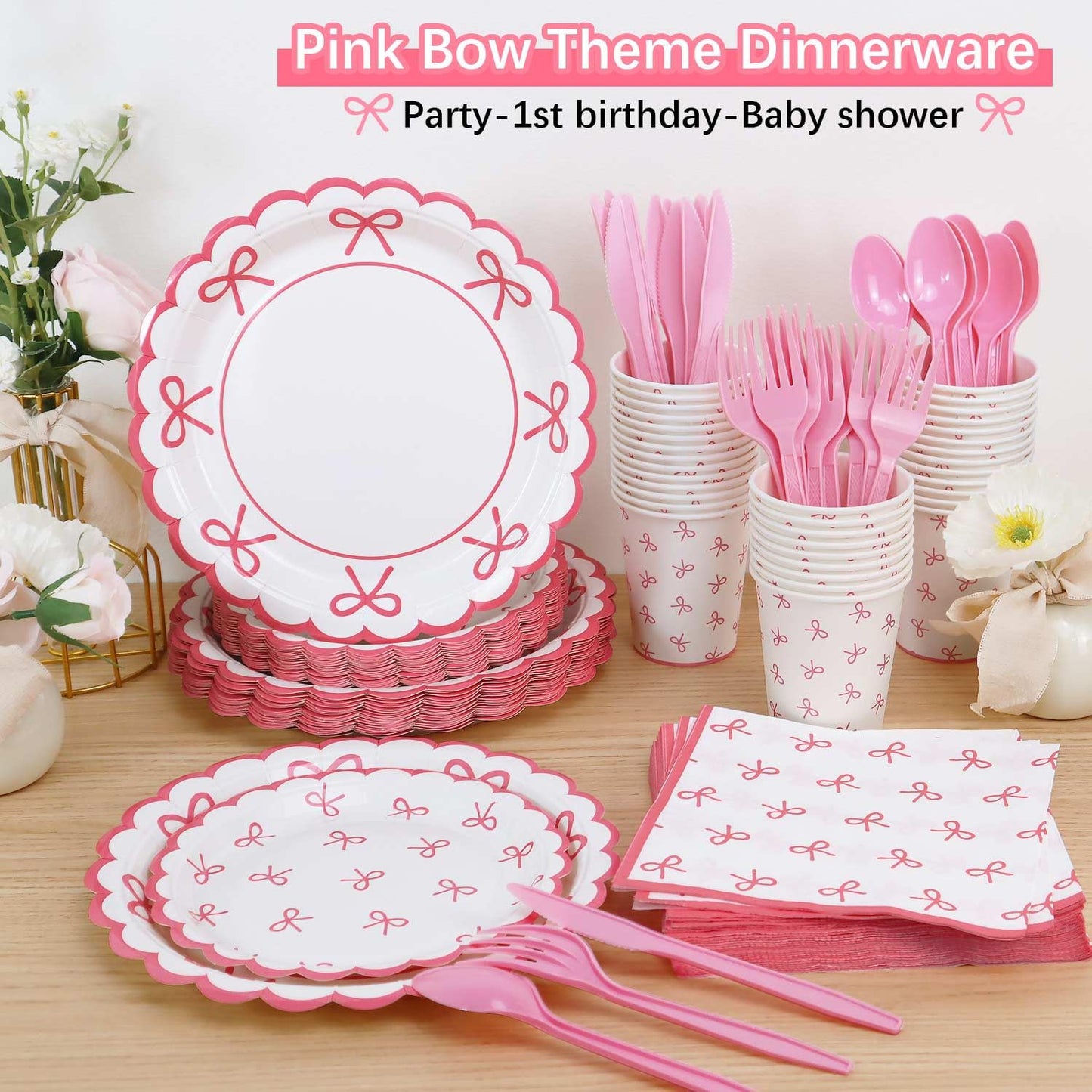 Lopeastar 175Pcs Coquette Birthday Decorations Plates Set, Pink Bow Birthday Decorations Girls Birthday Plates Napkins Cups and