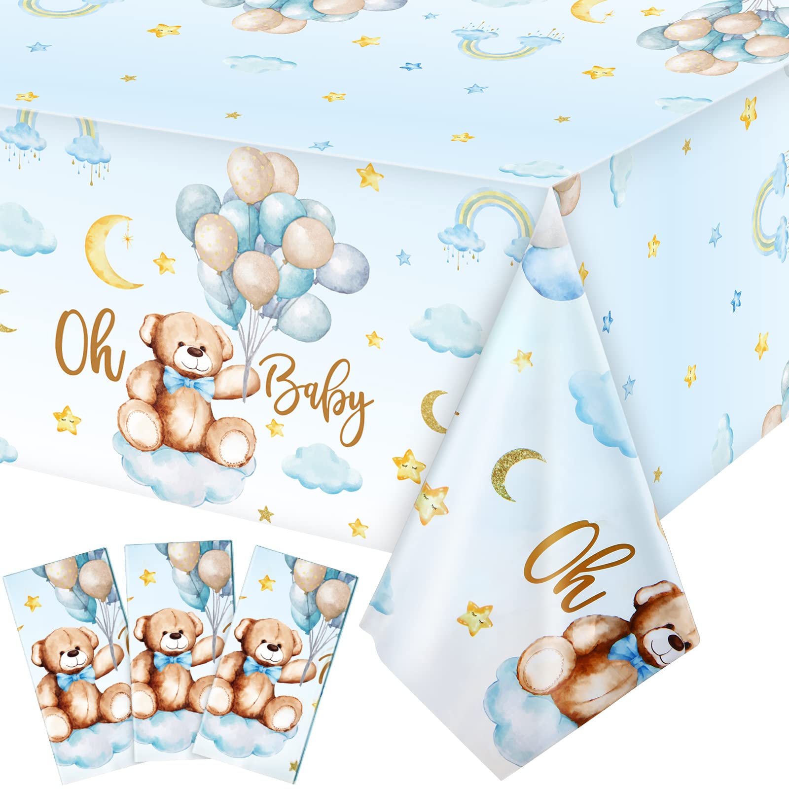 Tatuo 3 Pack Bear Baby Shower Tablecloth Plastic Table Cover Balloon Bear Rectangle Tablecloth for Boy Girl Gender Reveal Birthd