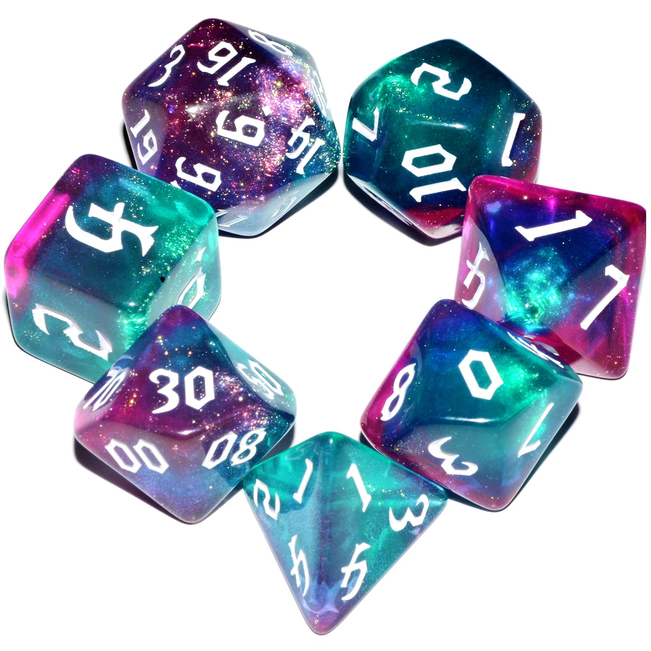 Galaxy Dice Set| Dark Green Mix Purple Crystal DND Dice Set for Board Game