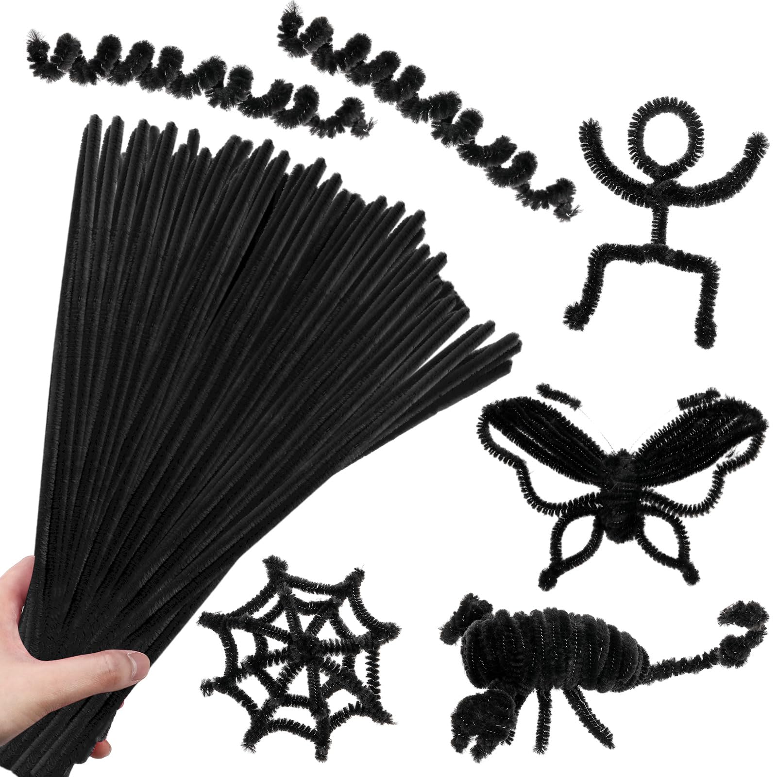 RoundFunny 400 Pcs 24 Inch Extra Long Black Pipe Cleaners Chenille Stem Thick Fluffy Pipe Cleaners Craft Supplies for Halloween 
