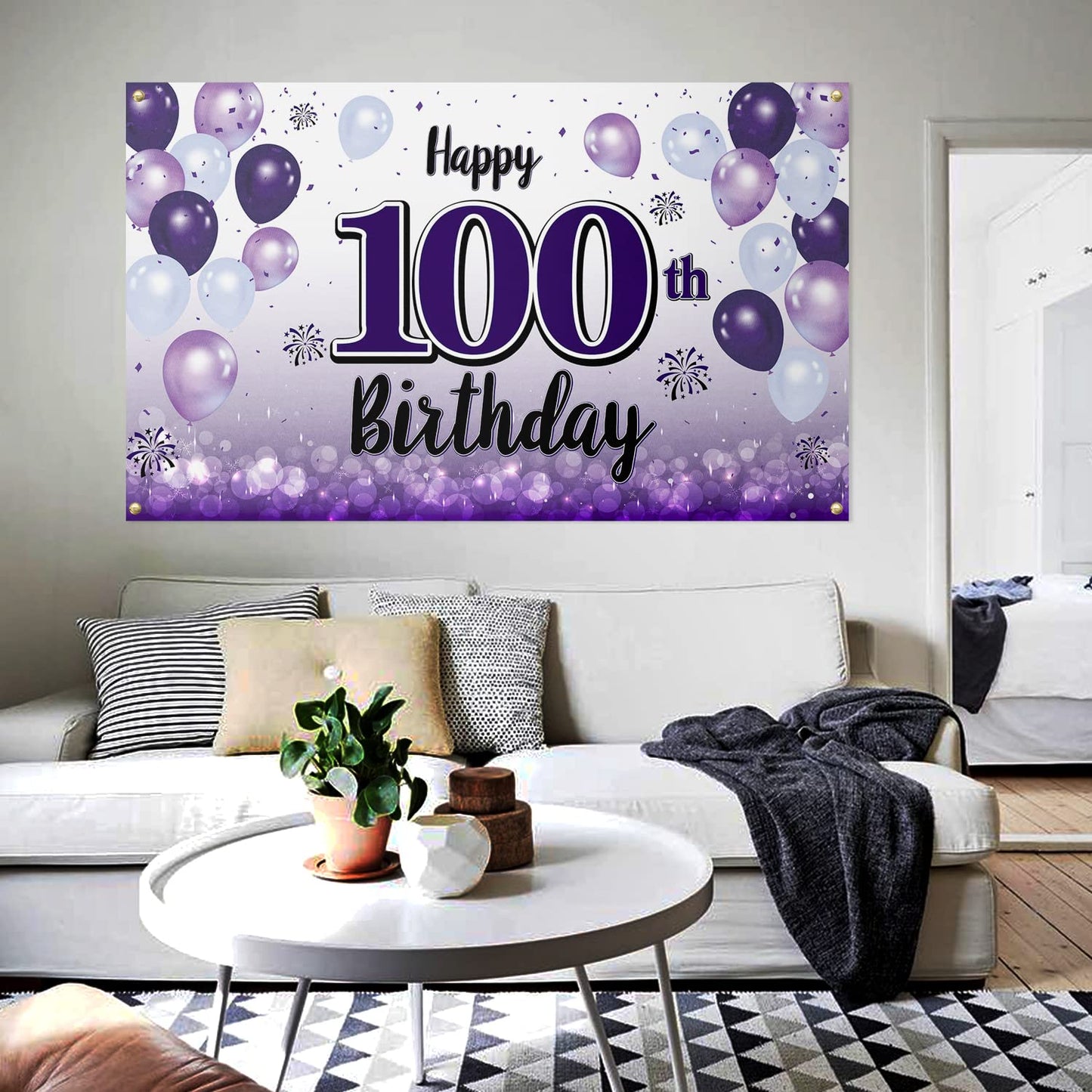 LASKYER Happy 92nd Birthday Decorations,92nd Purple Balloon Large Birthday Banner Backdrop Sign,92 Years Old Bday Party Supplies
