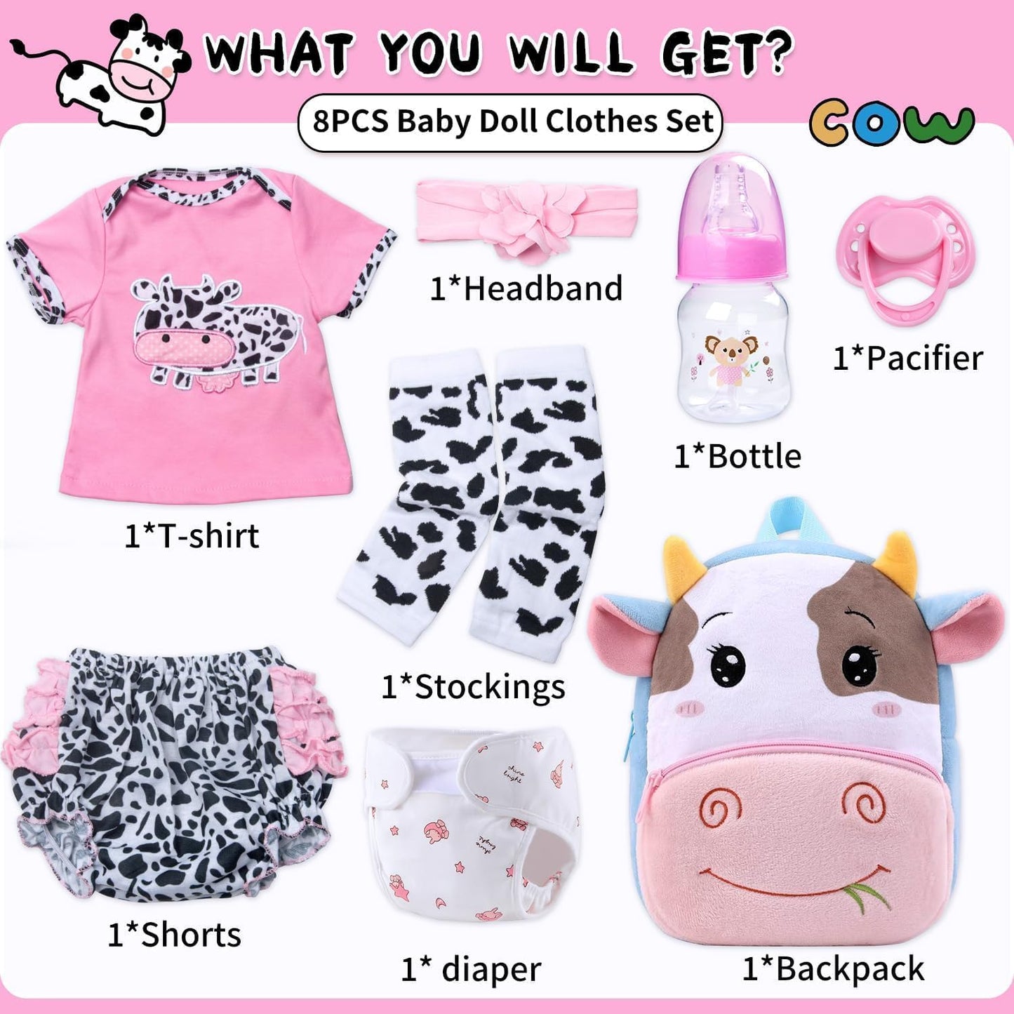 Medylove 8 Pieces Reborn Baby Doll Clothes Pink Accessories Set with Backpack for 17-22 inch Reborn Doll Clothes Girl Kids Gift Set