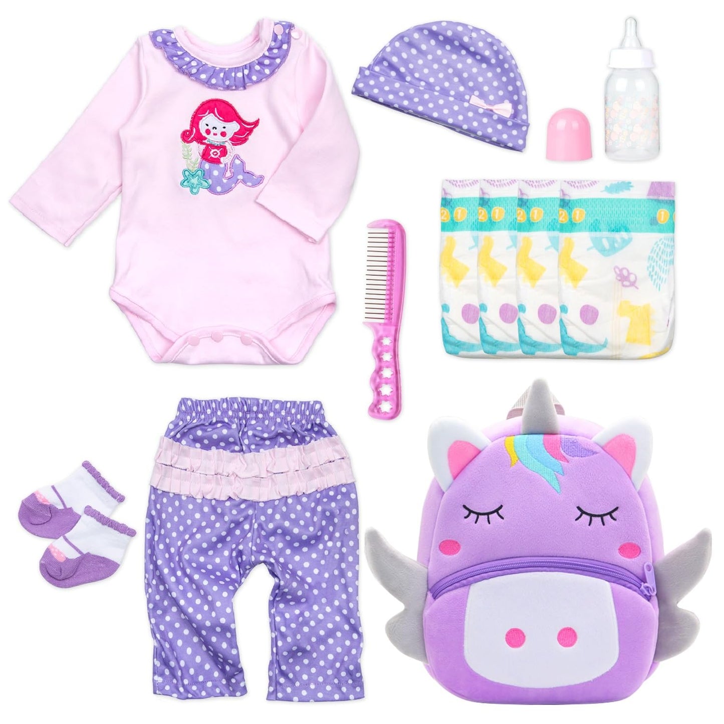 11 Pcs Set Reborn Baby Girl Doll Clothes Outfit Accessories Purple Mermaid Unicorn for 17-22 Inch Reborn Doll Newborn Girl