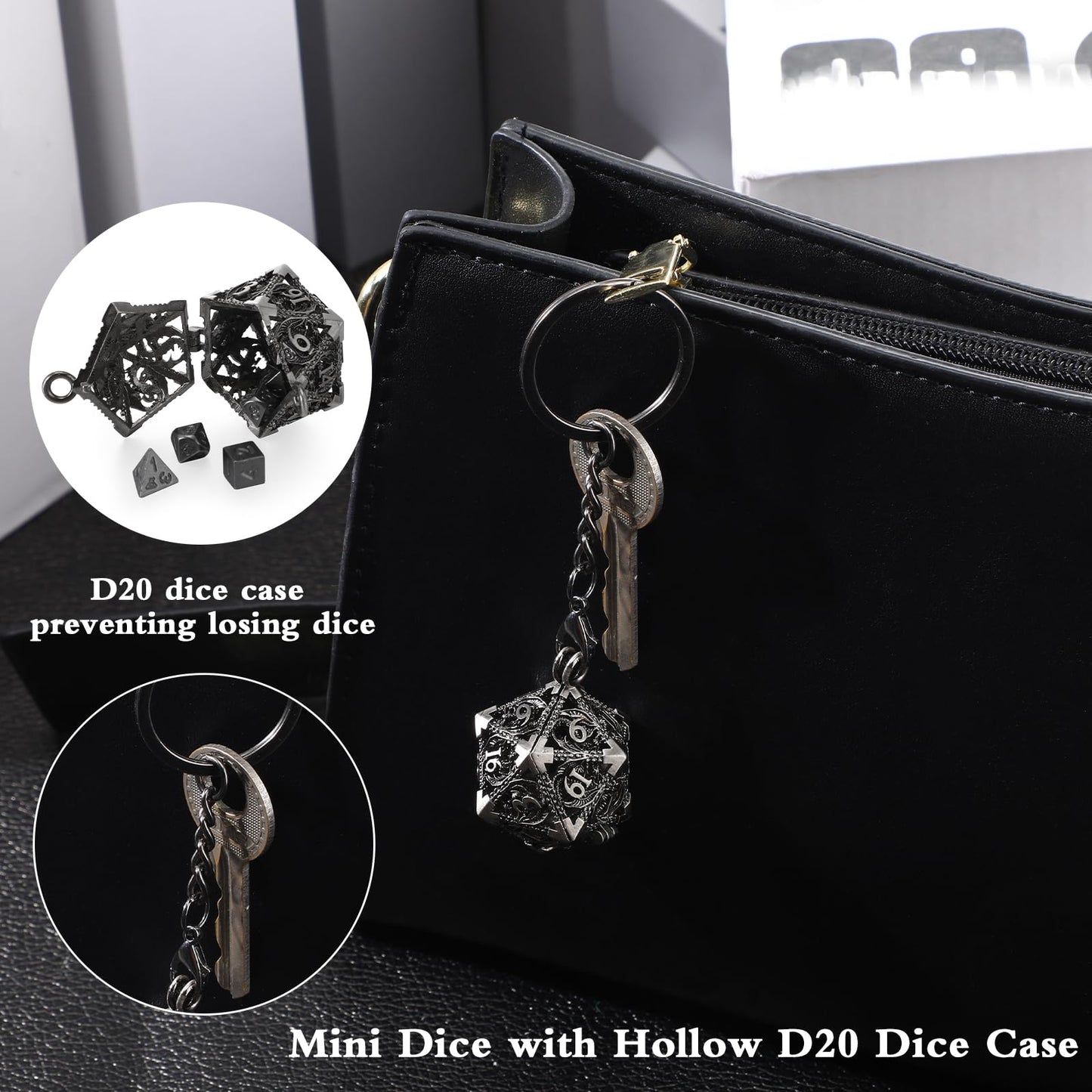 Syhood Mini Dice Set 7 Pcs Tiny Small Metal Dice Set Hollow D20 Necklace Dice Case Keychain Role Playing Table Games Portable Te