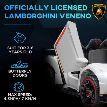 Aosom Lamborghini Veneno Licensed Kids Electric Car With Bluetooth, 12V Ride On Car With Butterfly Doors, Remote Control, Portable Battery, Suspension System, Horn, Songs, Lights, White
