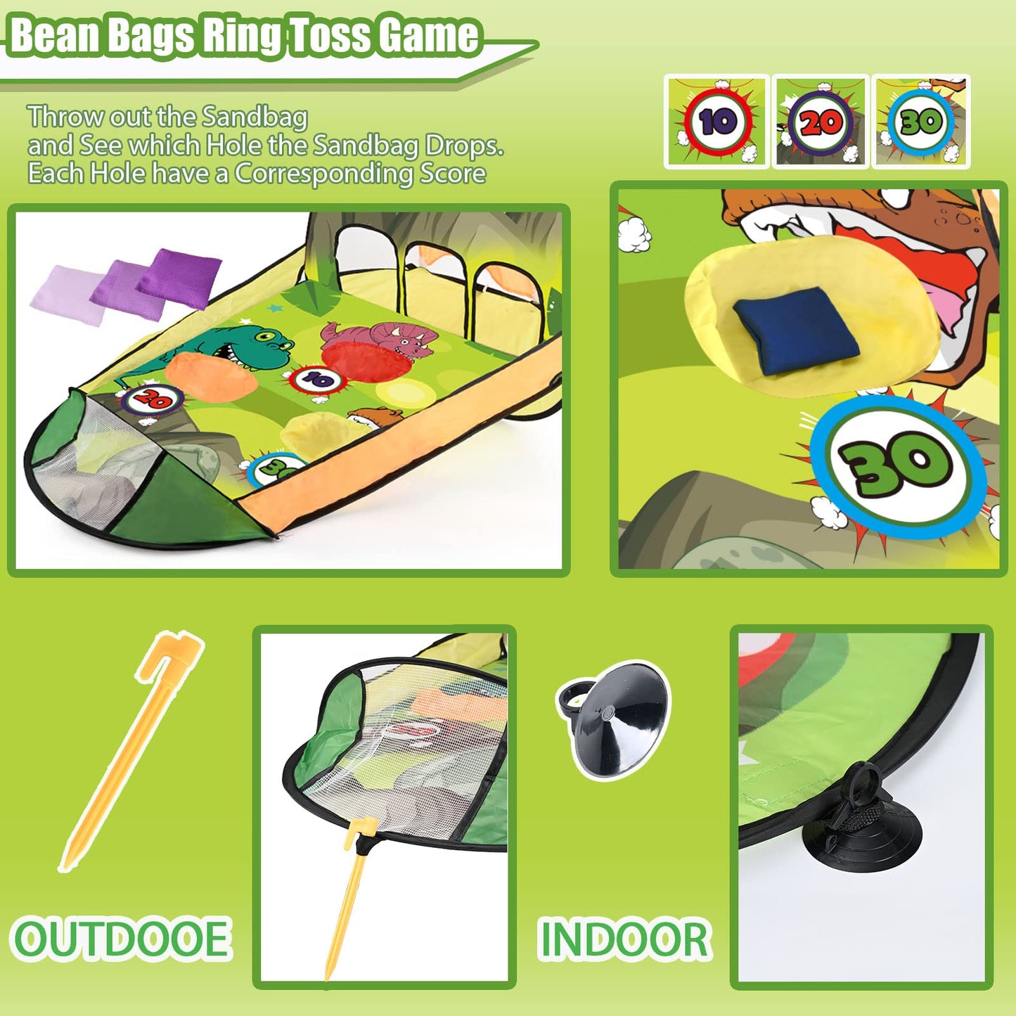 Unanscre 3 In 1 Bean Bag Toss Game Toy Outdoor For Kids, Dinosaur Foldable Cornhole Board With Pop Up Basketball Game And Dartboard Set, Gift For Birthday/Xmas Party, Outside Toys For Toddlers Age 3+