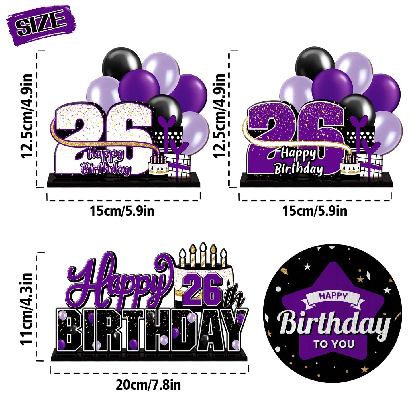 Lingteer Happy 26Th Birthday Purple Acrylic Table Topper Centerpieces Set - Cheers To 26 Years Old Birthday 26Th Bday Party Gift Decorations.