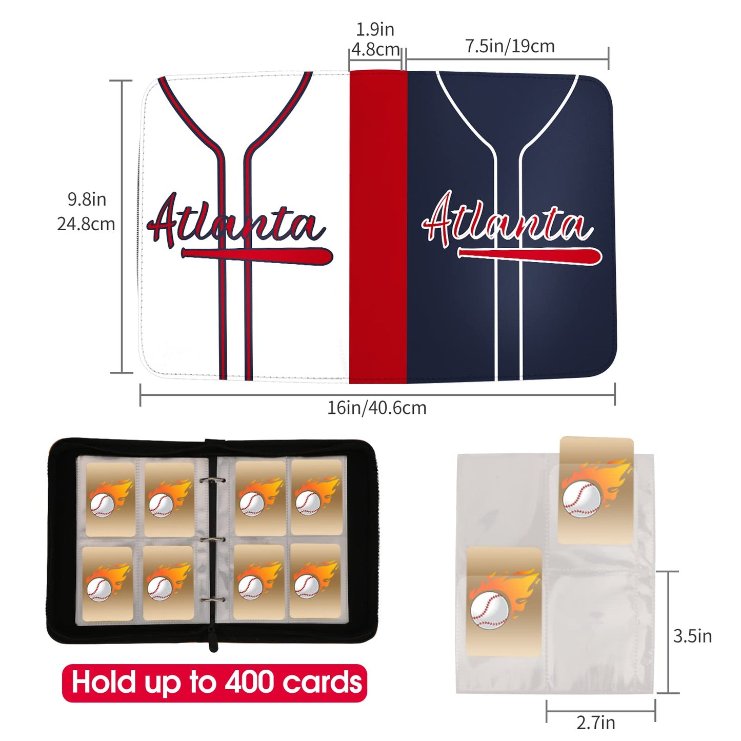 Kivolfun Baseball Card Binder With Sleeves, 400 Pocket, Atlanta Navy, 3 Ring Binder Storage Book Folder Organizer For Kids Gift