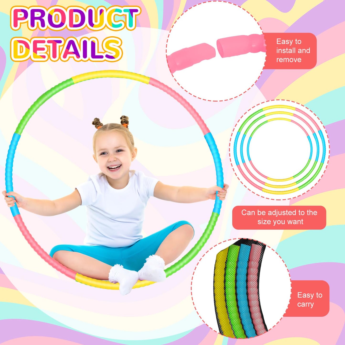Syhood 12 Pcs Toy Color Hoop Plastic Detachable Adjustable Hoop Light Weight Exercise Hoop Fitness Hoop Equipment Toy Waist Ring for mature-themed Party Game Dance  3 Sizes(Green  Pink  Yellow  Blue)