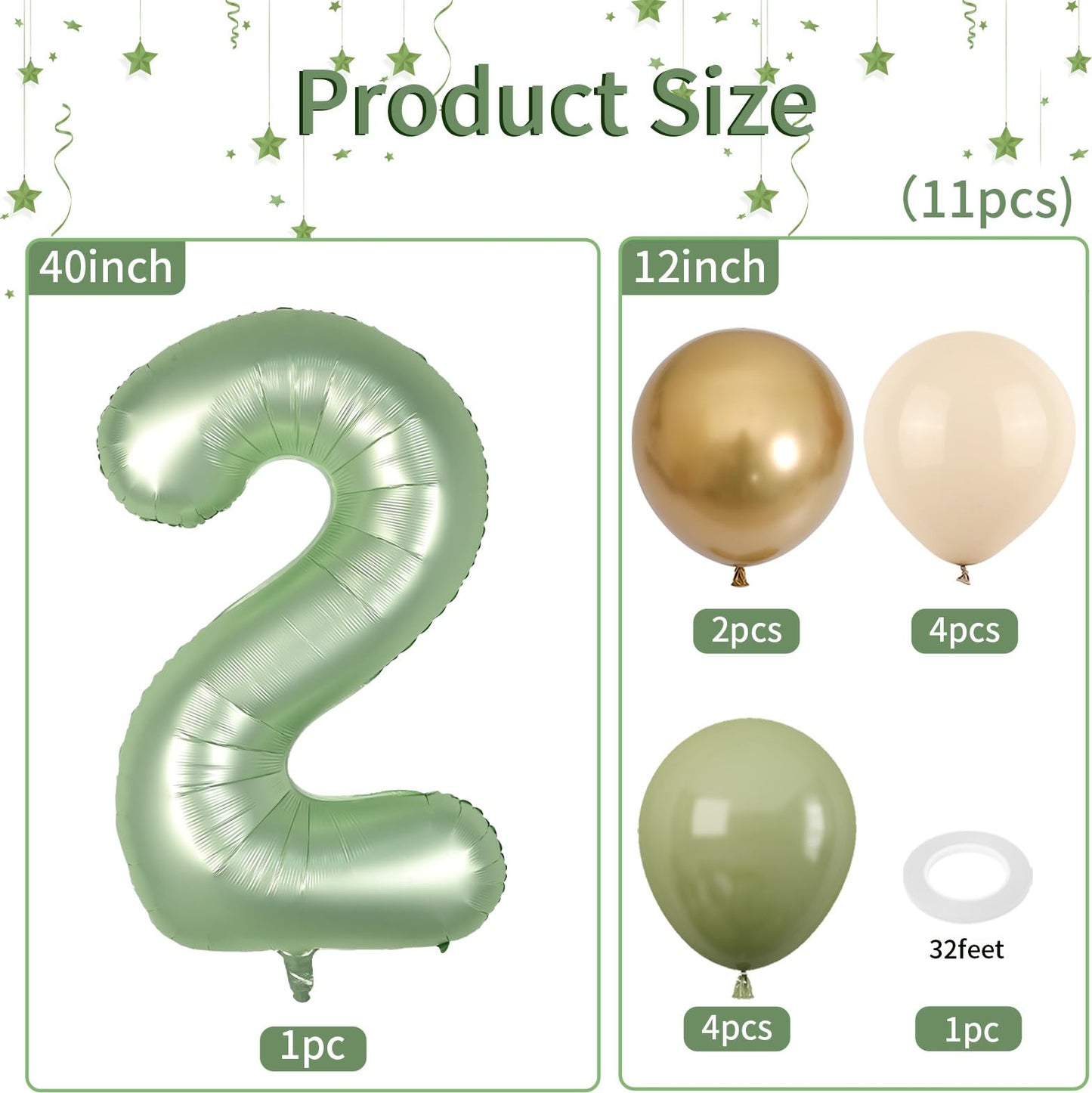 FunHot 40 Inch Sage Green Number 2 Balloon - Olive Green Foil for 2nd Birthday, Jungle Party Decorations, Rubber Material