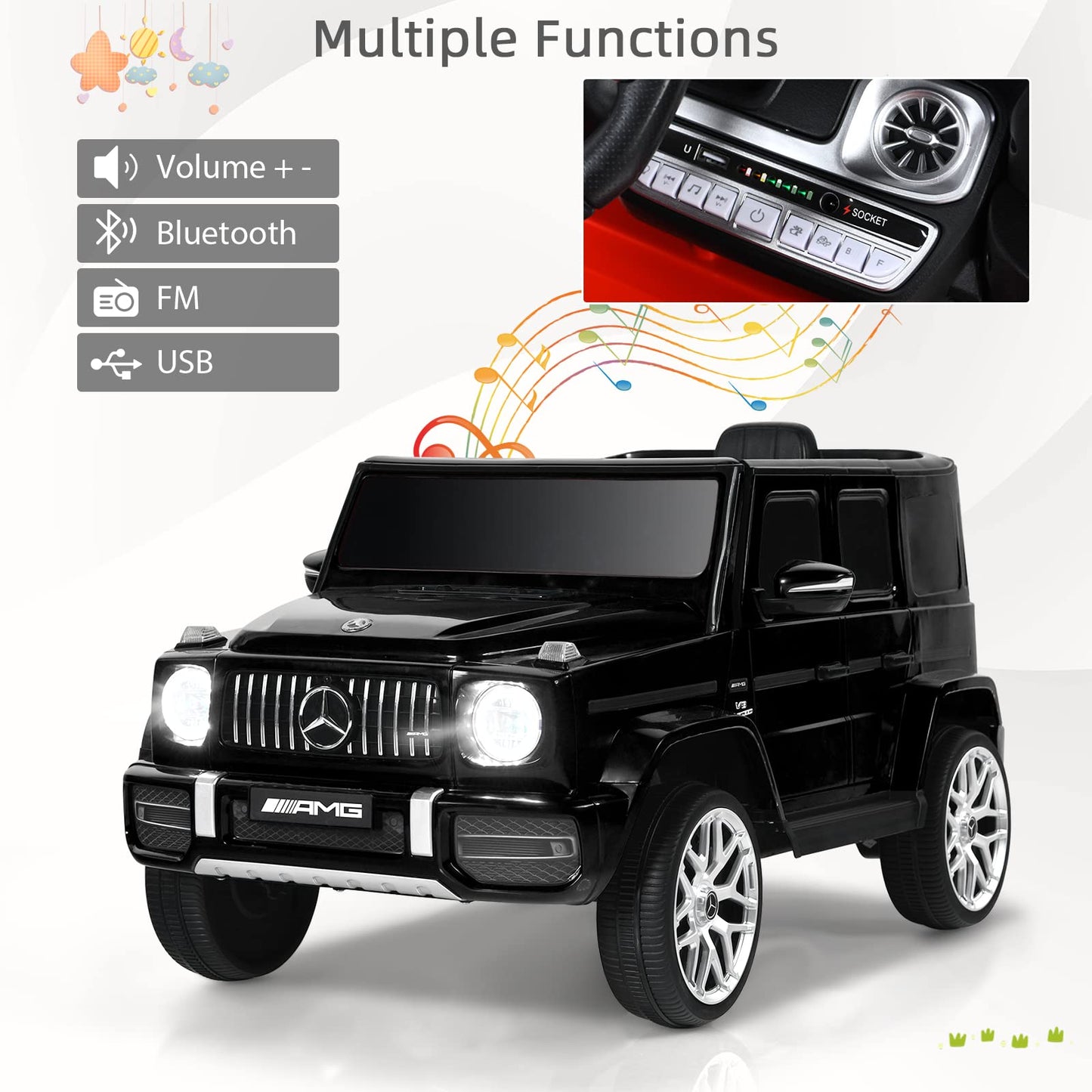 Infans Licensed Mercedes Benz G63 Kids Ride On Car, 12V Electric Vehicle With Remote Control, Double Open Doors, Music, Bluetooth, Wheels Suspension, Battery Powered For Children Boy Girl (Black)