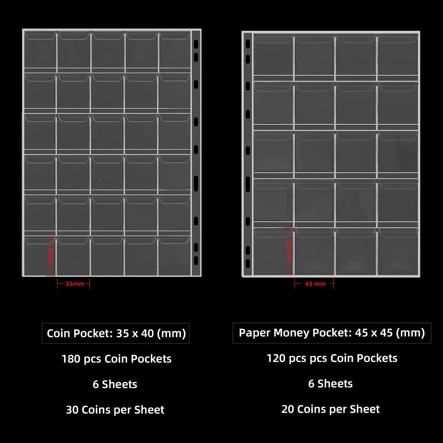 Coin Collection Book Holder For Collectors, 300 Pockets Fireproof Coins Collecting Album & 36 Sleeves Money Storage Case For Coi
