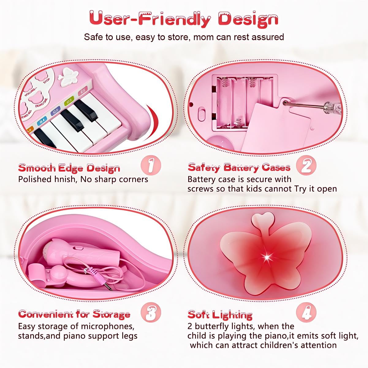 Love&Mini Pink Piano Toys for 1+Years Old Girls First Birthday Gifts Toddler Piano Music Toy Instruments with 24 Keys and Microp