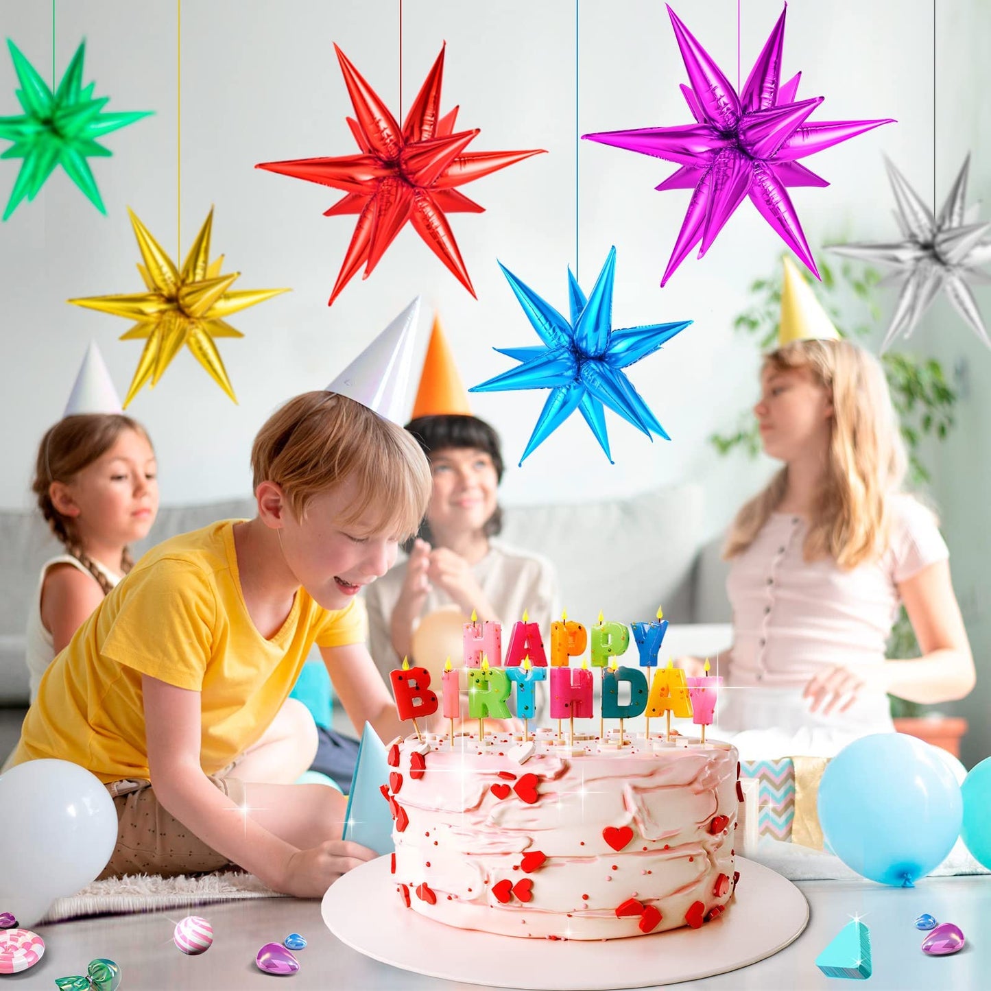 72 Pcs Star Balloons, Big 26 Inch Star Cone Balloons Metallic, Colorful Starburst Balloons Foil, Spike Balloons For Birthday, We