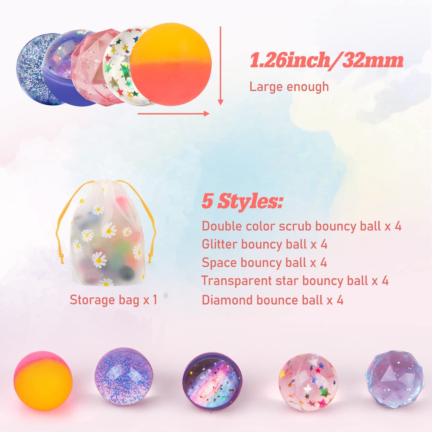 Ohanniewa Bouncy Balls For Kids 20 Pieces 5 Styles 32Mm Assorted Bouncy Balls With Storage Bag For Birthday Party Favors