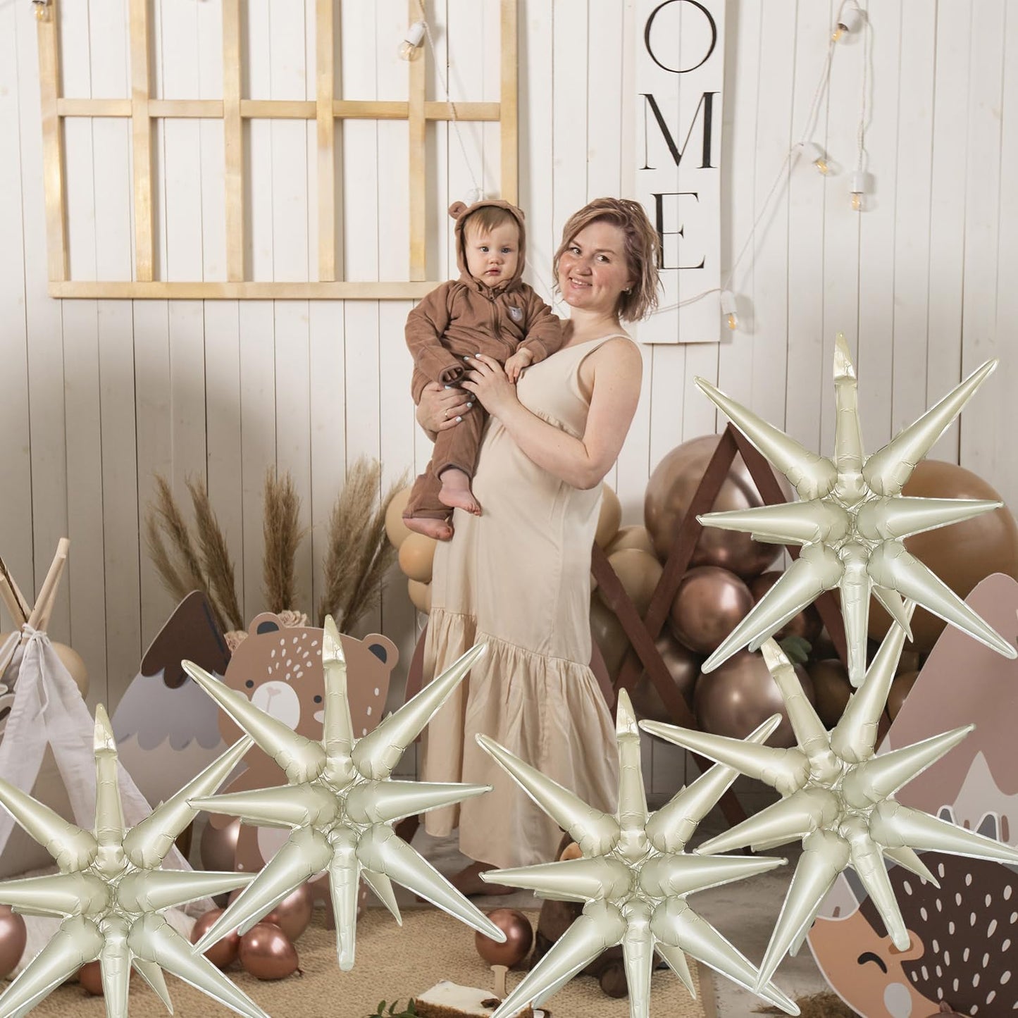 6 Pcs Cream Color Star Foil Balloons One-Piece 14-Pointed Star Balloons 4D Starburst Cone Mylar Balloons 22Inch Christmas Birthd