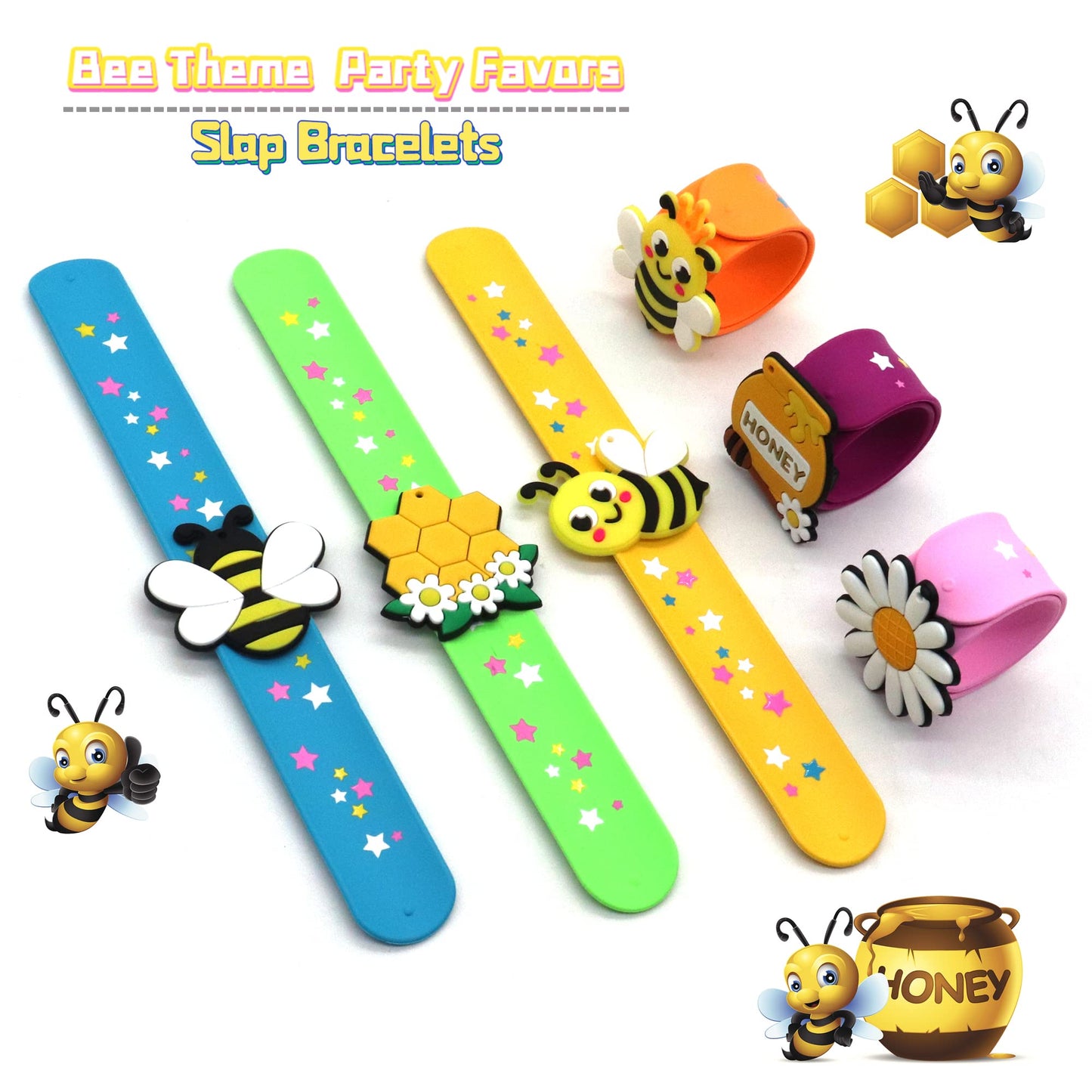 PAITUEND Bee Theme Slap Bracelets Party Favors- Bee Silicone Wristbands (6pack) for Boys&Girls Birthday&Bee Theme Party Supplies