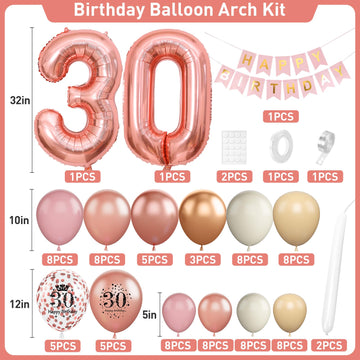30Th Birthday Decorations For Women,Rose Gold 30Th Birthday Balloon Arch Garland Kit With Happy 30Th Birthday Number 30 Foil Bal