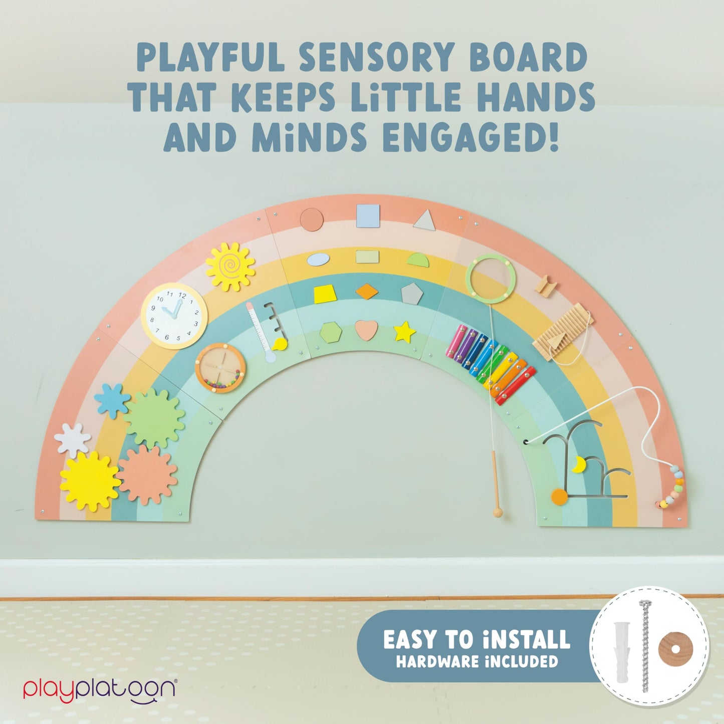 Play Platoon Sensory Wall Panel - 64x32 Rainbow Wooden Activity Board for Toddlers 1-3, Montessori Busy Board with 11 Fun Activities