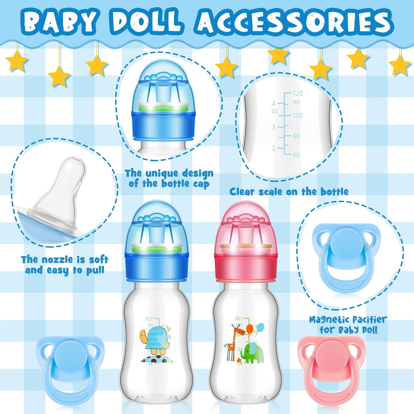 Jexine 4 Pieces Reborn Baby Doll Accessories, Includes 2 Magnetic Pacifier And 2 Baby Doll Bottles Baby Doll Pacifier Feeding Bottle For Reborn Dolls, Random Pattern, Pink And Blue (Classic)
