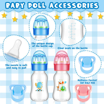 Jexine 4 Pieces Reborn Baby Doll Accessories, Includes 2 Magnetic Pacifier And 2 Baby Doll Bottles Baby Doll Pacifier Feeding Bottle For Reborn Dolls, Random Pattern, Pink And Blue (Classic)