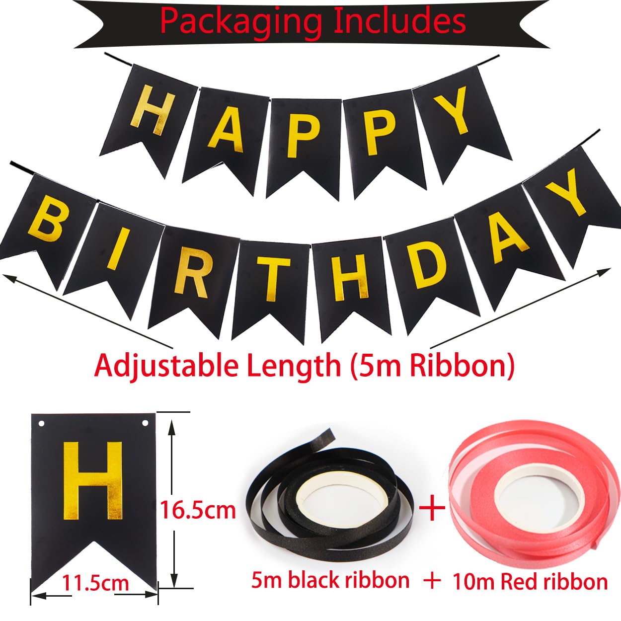 Happy Birthday Banner, Red Birthday Decoration, 16 Pcs 12 Inch Happy Birthday Balloons With 2 Ribbons For Men Women Girls And Bo