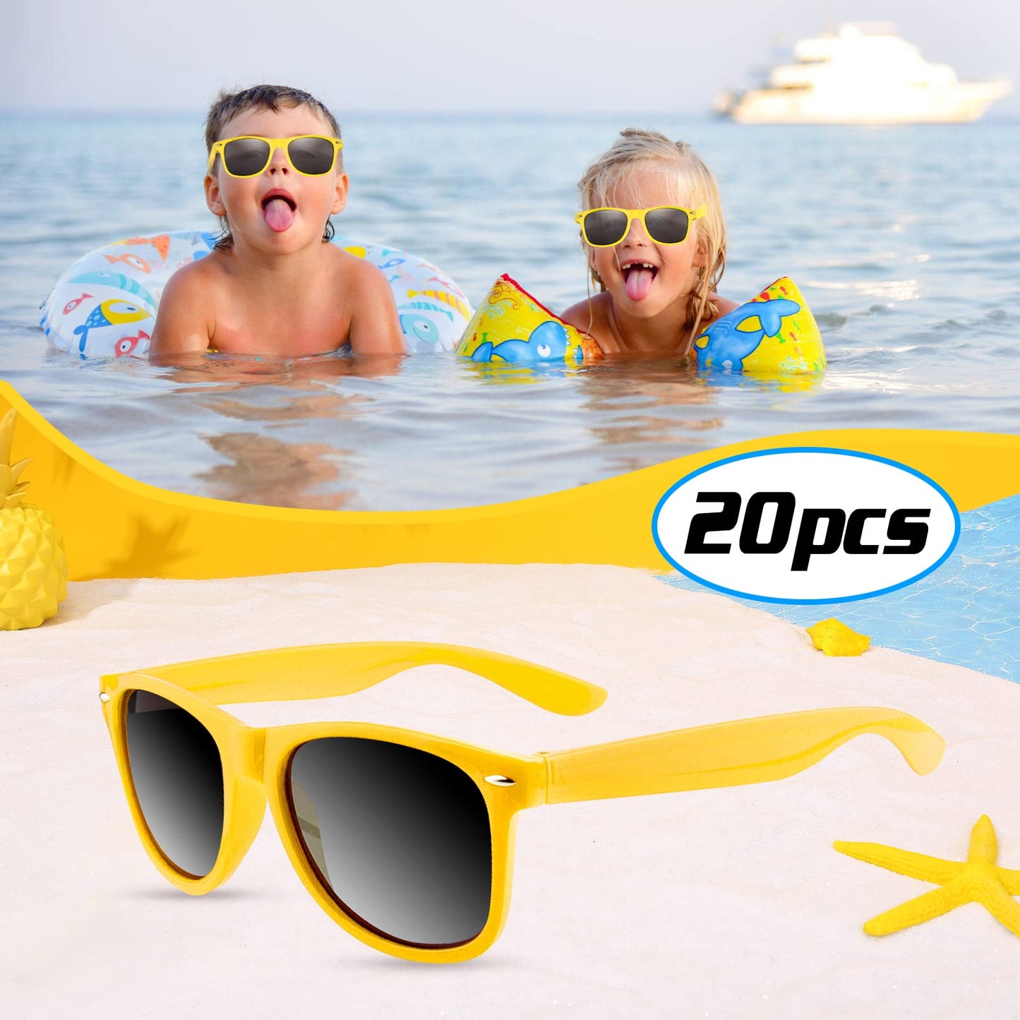 Tuparka 20 Pack Kids Sunglasses Bulk For Summer Pool Party Favors Birthday Parties Goody Bag Fillers, Yellow