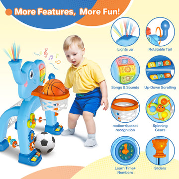 Shemira Toddler Basketball Hoop & Soccer Goal Activity Center with Lights & Music - Fun Gift for Boys & Girls Ages 1-3, Blue