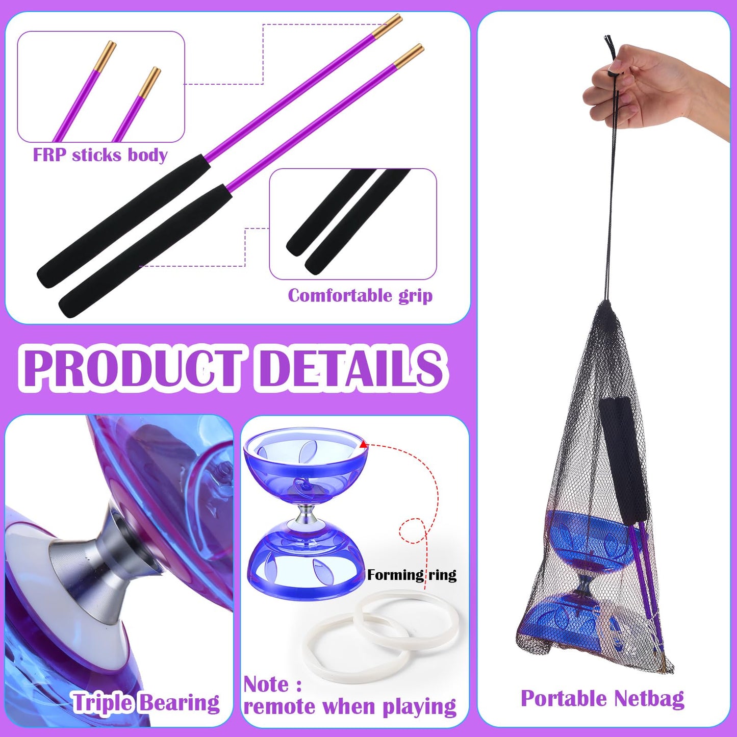 Simgoing Chinese Yoyo Diabolo Set Includes Colorful Chinese Yoyo with 2 Pieces Diabolo Sticks, 1 Piece String, 1 Net Bag for Fun