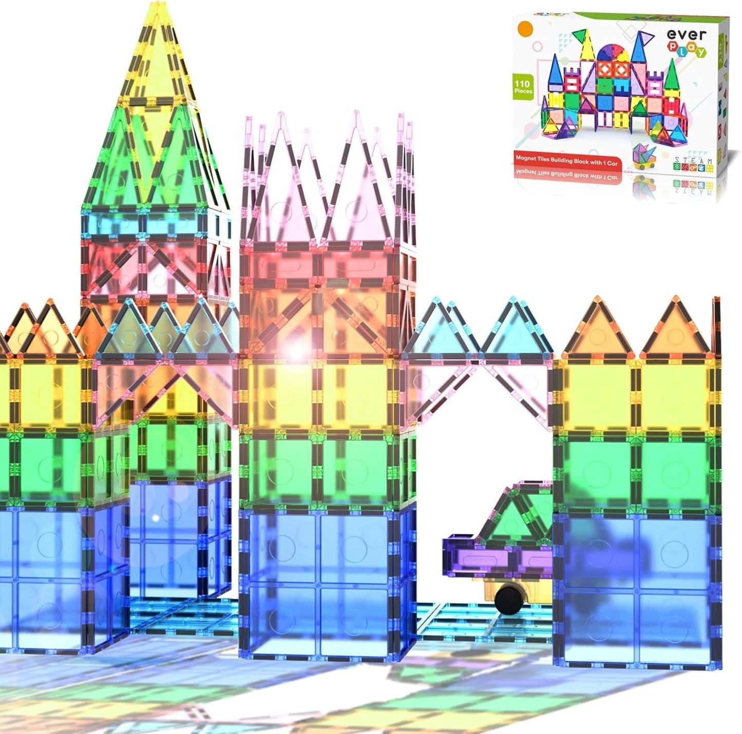 Everplay 110 pc Magnetic Tiles with Car Set, Building Blocks Toys STEAM Educational Learning Magnet Toy Preschool Montessori Boy