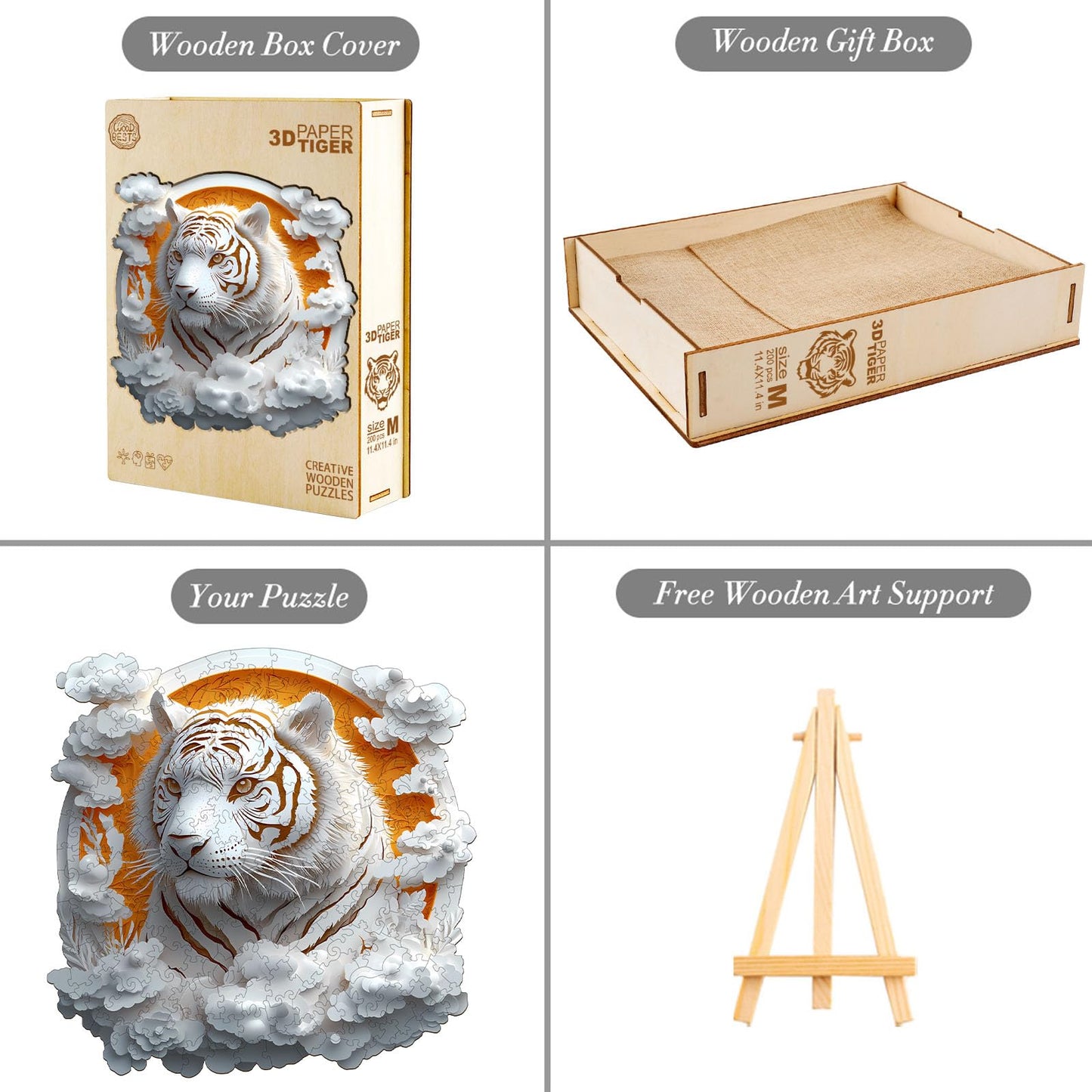 Wooden Puzzle for mature-themeds-3D Visual Effect Paper Tiger Wooden Puzzle Unique Shape Advanced Wooden Jigsaw Puzzle for mature-themed  Best Birthday Gifts Halloween Challenge Craft (M-11.4 * 11.4in-200pcs)