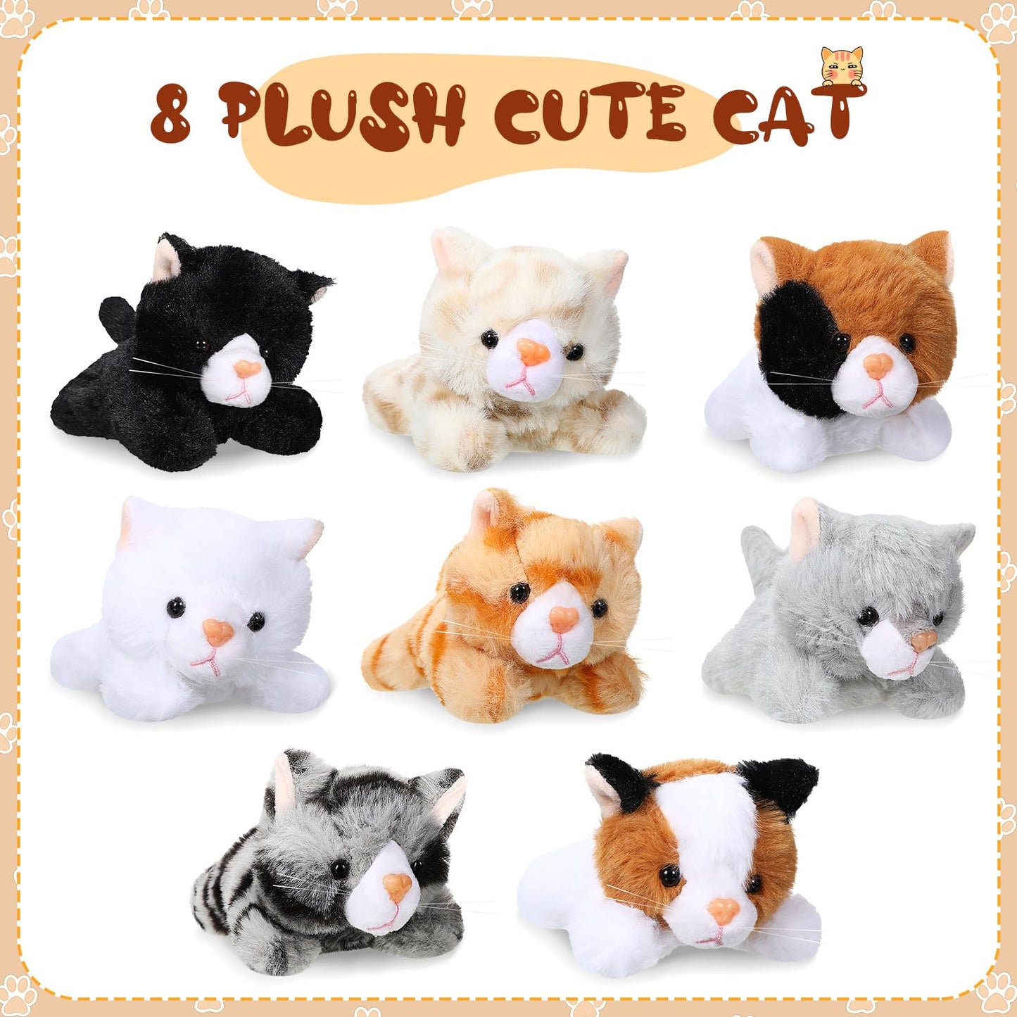 8 Pieces 5 Inch Stuffed Animals Bulk Assorted Cute Stuffed Pet Plush Toys Small Plush Animals For Halloween Kid Classroom School Pet Party Favors Supplies Decoration (Lying Cat)