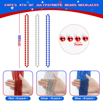 SHAOQINLIN 24 Pcs Patriotic Bead Necklaces, 4th of July Beads Necklaces Bulk 4th of July Accessories 33 Inch Metallic Red/Silver
