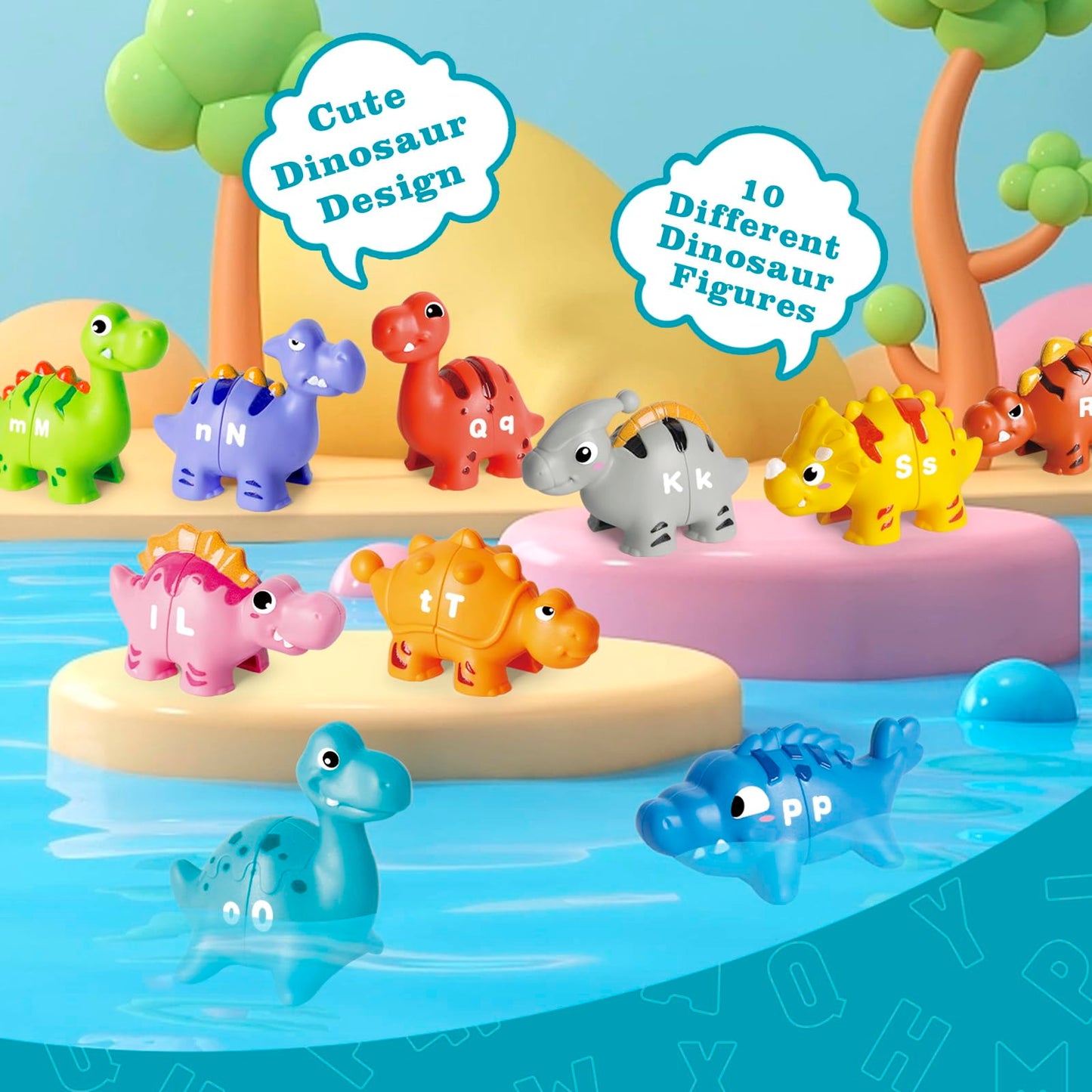 Happymate 52 Pcs Dinosaur Alphabet Learning Toys For Toddlers 2-4, 10 Different Dinosaur Figures, Double Sided Abc Matching Game