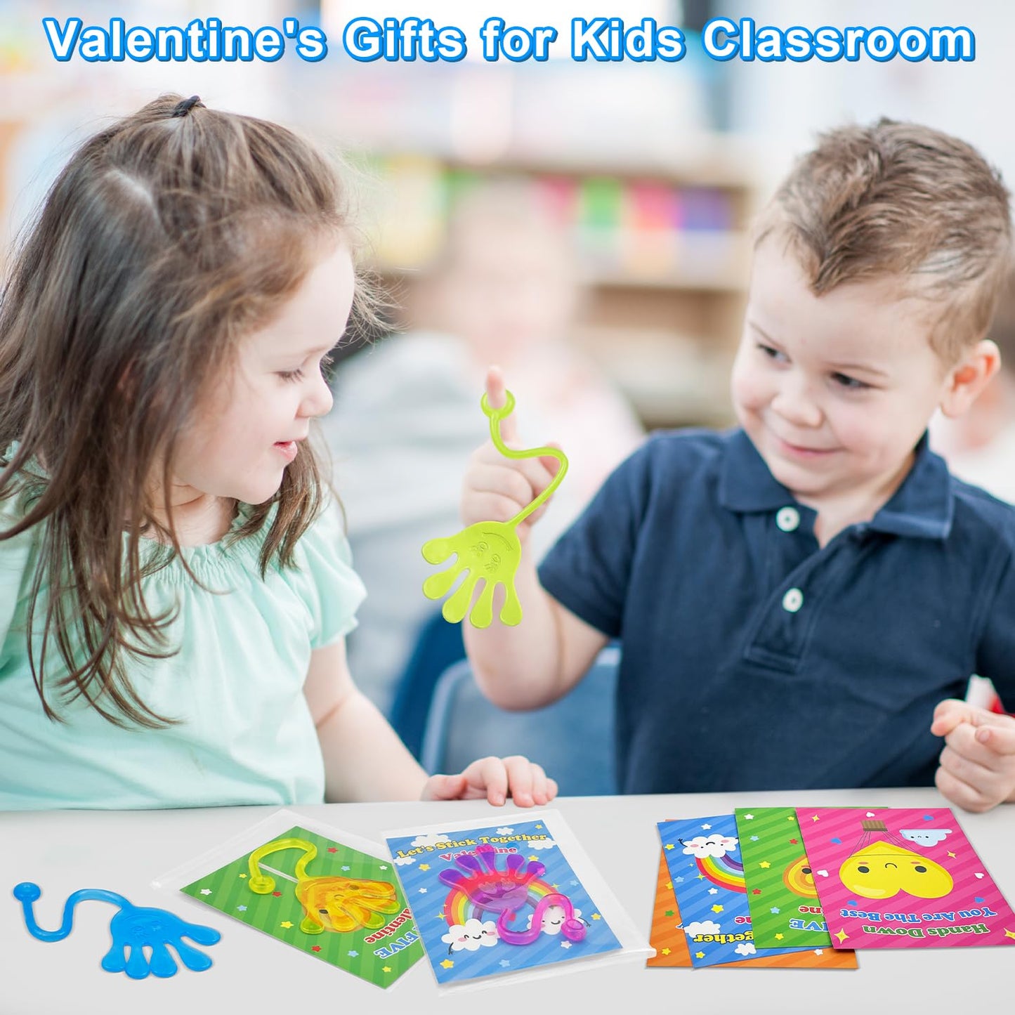 Preschool Valentines Gifts For Kids Class 28 Pack, Valentines Day Slappy Sticky Hands Toys With School Exchange Cards, Valentine