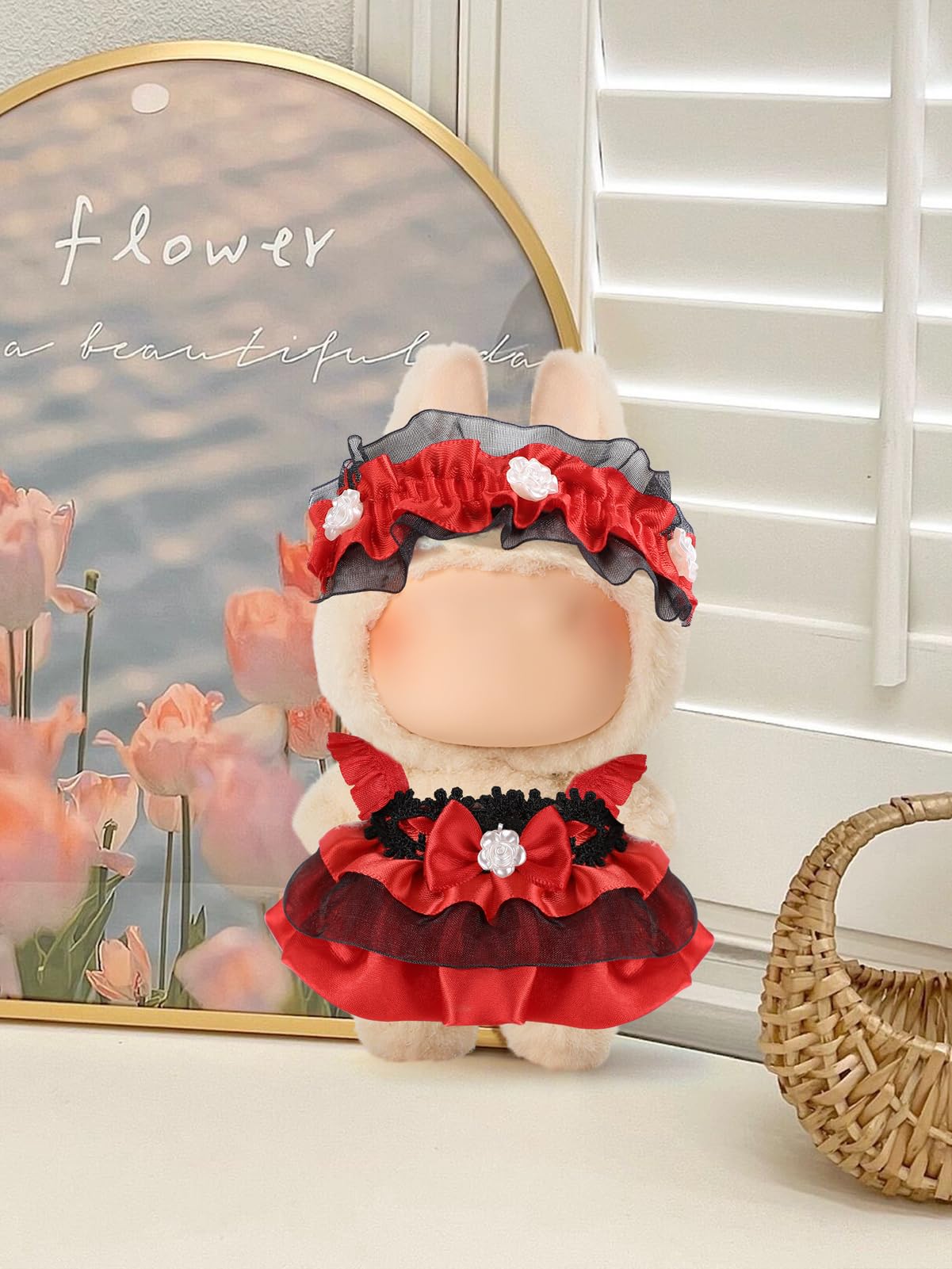 Unique Clothes Set for 17cm Dolls - Cool Red Lace Dress & Headband Outfit Accessories for Dress Up Dolls Play & Collector Displa