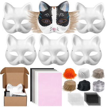 Draupnir 6Pcs Therian Mask Kit Cat Fox Mask with Felt Fabric Sheet, Fur and Eye Mesh, DIY Blank White Paper Cat Face Mask to Pai