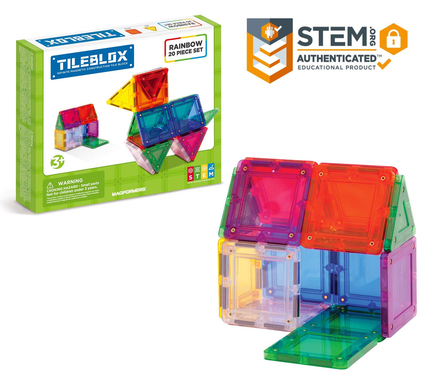 Magformers Tileblox Basic Rainbow 20 Pieces, Rainbow Colors, Magentic Geometric Shapes Building Stem Toy Set Ages 3+