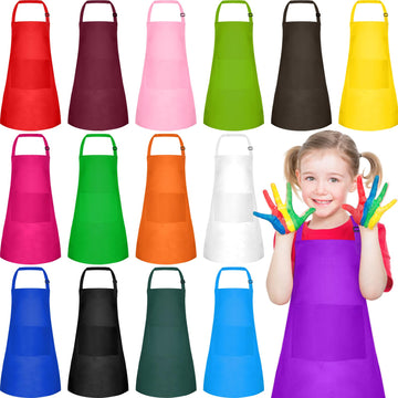 PLULON 15Pcs Kids Aprons Painting Aprons for Kids Aprons for Kids Bulk, Paint Apron Adjustable Children Chef Aprons with 2 Pocke