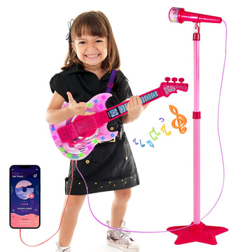 Guitar And Microphone Play Set For Girls,Karaoke Machine With Music&Light,Microphone Toys With Stand,Adjustable Height Guitar To