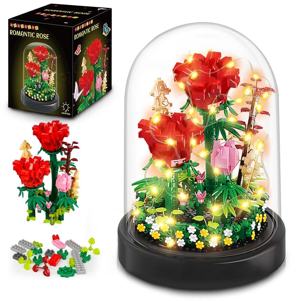 HOGOKIDS Flower Bouquet Building Kit with LED Lighting - 596 PCS Rose Sets with Cover Botanical Building Blocks | Birthday Mini Bricks Valentines Day Gift for mature-themed Girlfriend Wife (Red Roses)