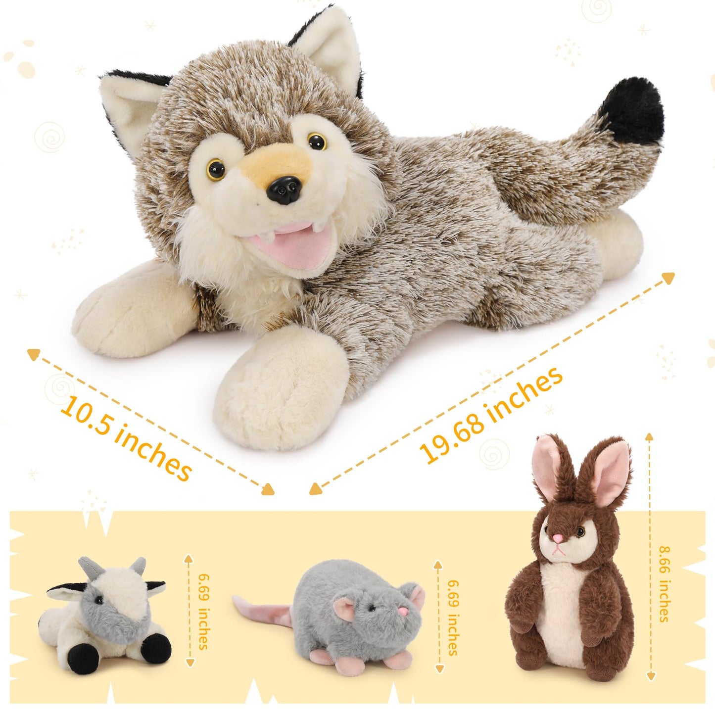 Maogolan 4 Pcs Wolf Stuffed Animal With 3 Small Plush Toys,Big Coyote Plushies With Bunny Plush,Stuffed Lamb & Mouse For Kids Valentine & Birthday Gift