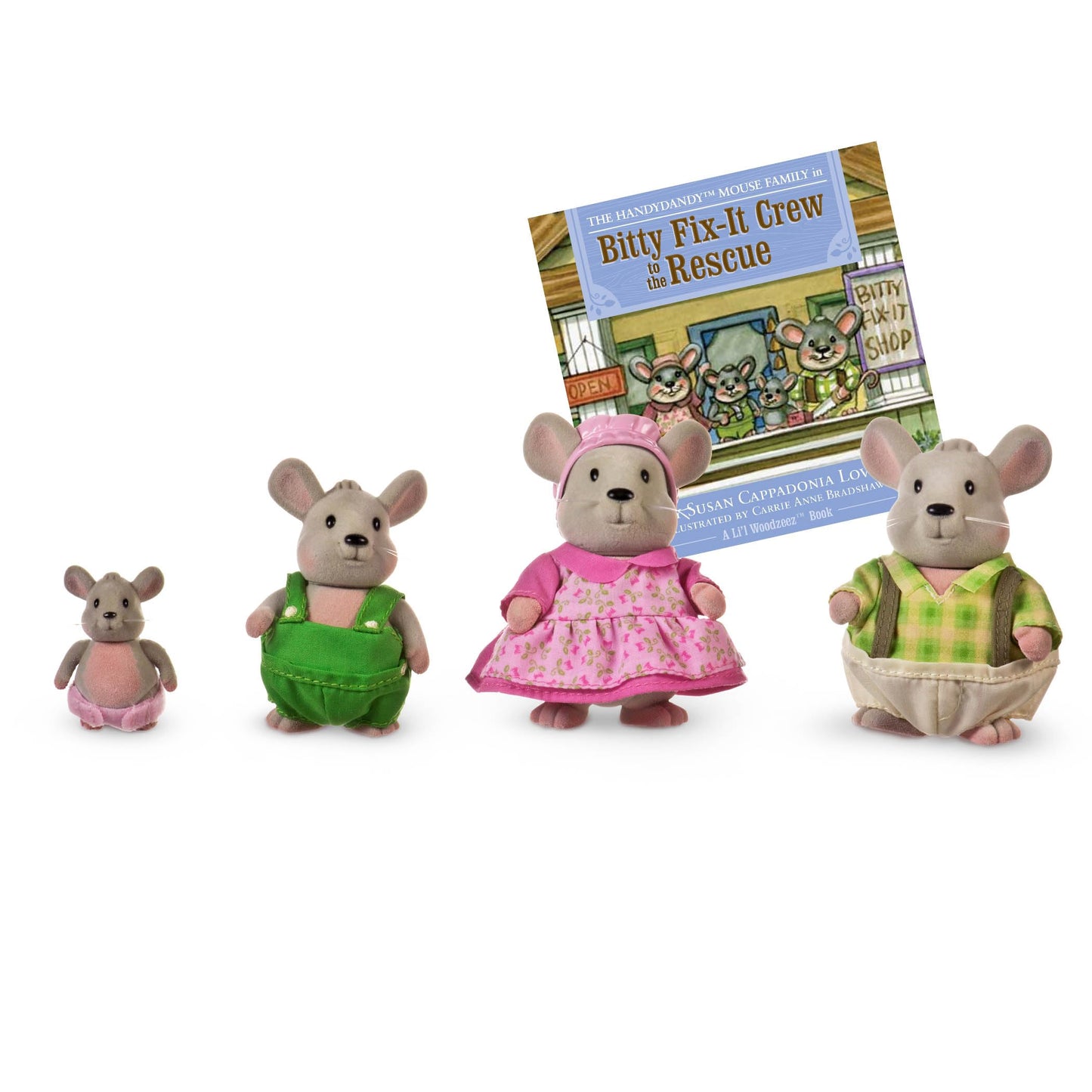 Li'l Woodzeez Handydandy Mice Family Set - 4 Collectible Dolls with Storybook - Multicolor - Perfect Gift for Kids Age 3+