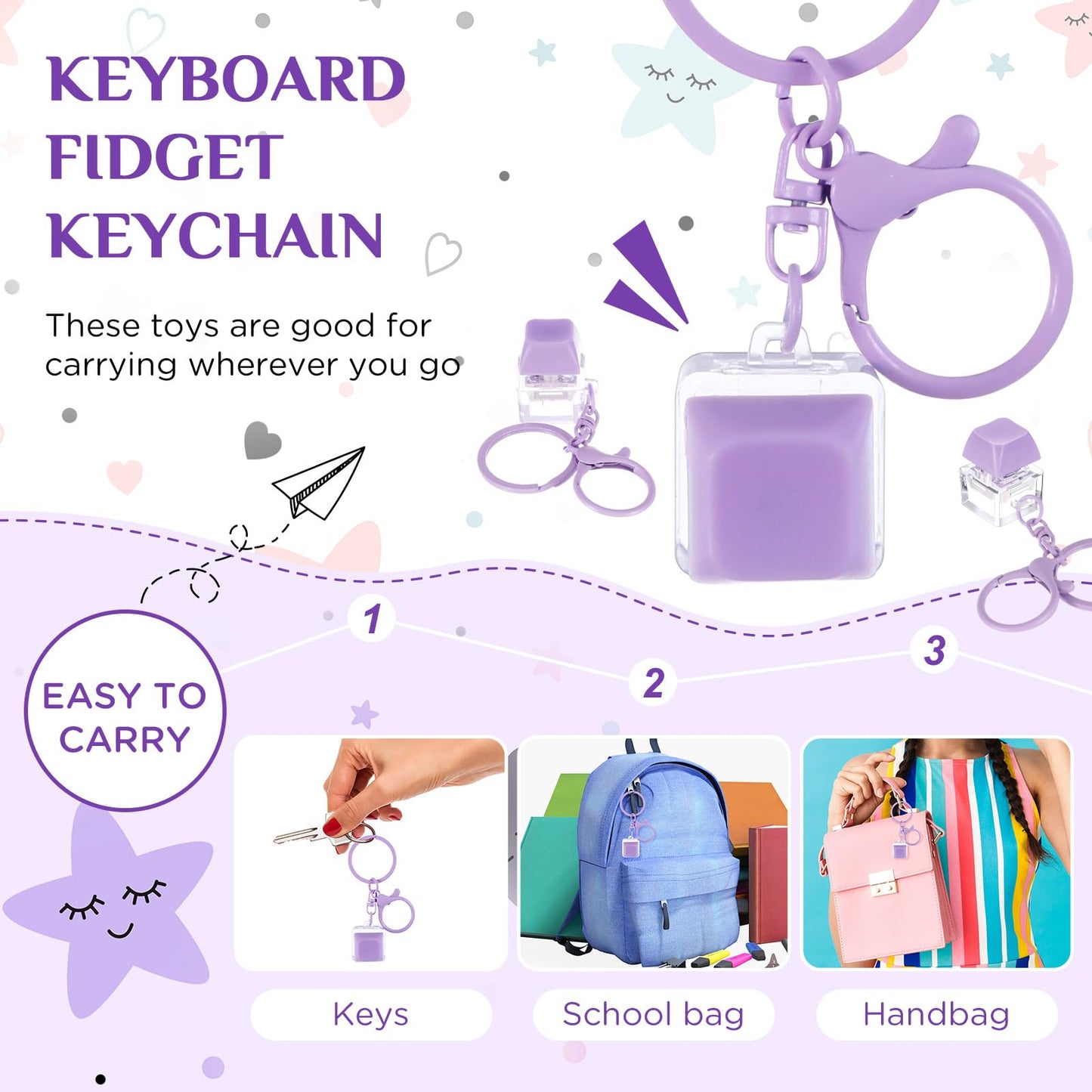 Shappy 6 Pcs Keyboard Fidget Toys  Fidget Keychain  Fidget Keyboard Clicker Keychain Gift  Keychain Button Stress Relief Gifts for mature-themed Office Home School  ADHD Toy  Cool Fidgets(Purple)