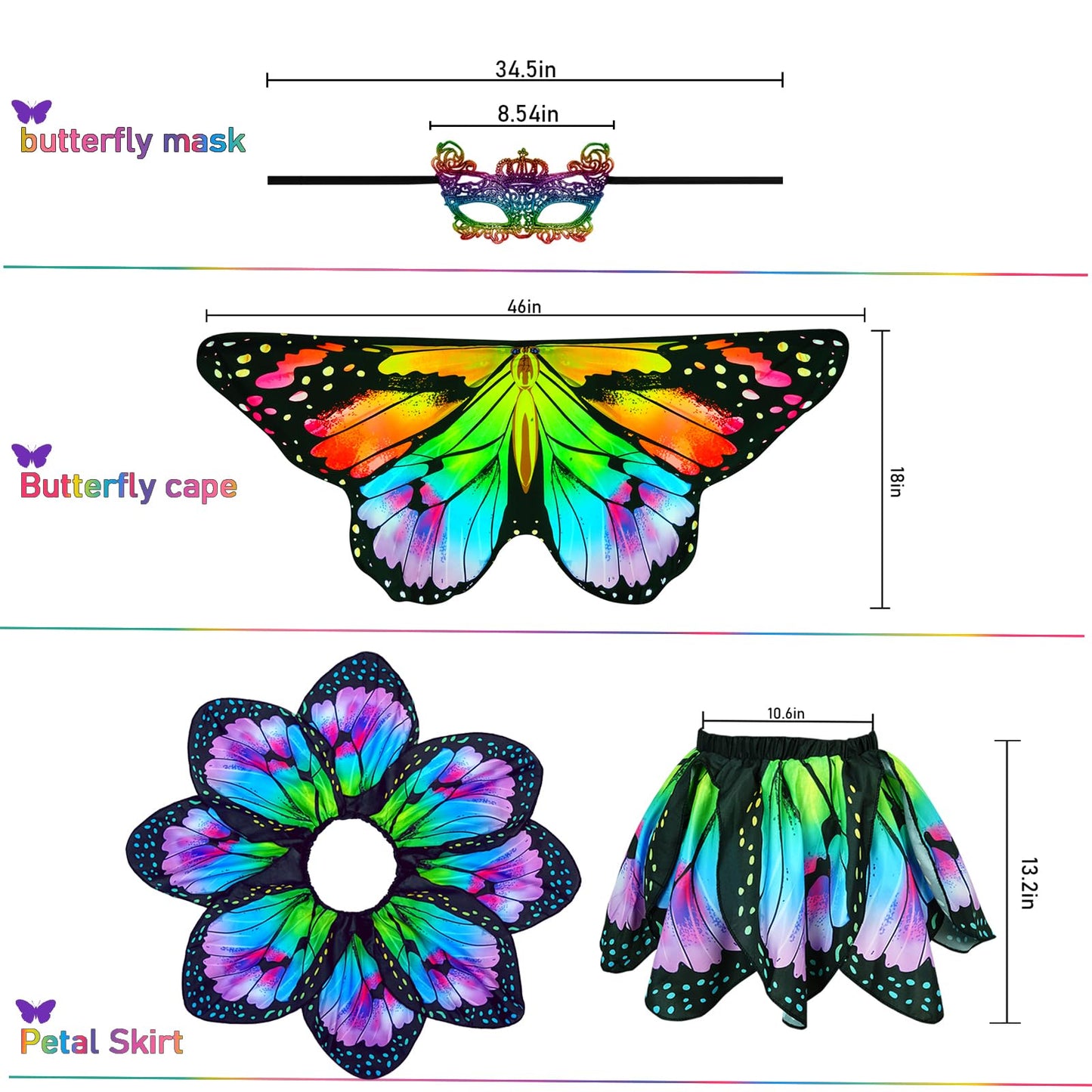 Sunlisky Kids Butterfly Wings Costume For Girls Fairy-Wings Mask Party Favors Gifts (Rainbow+Skirt Sets)