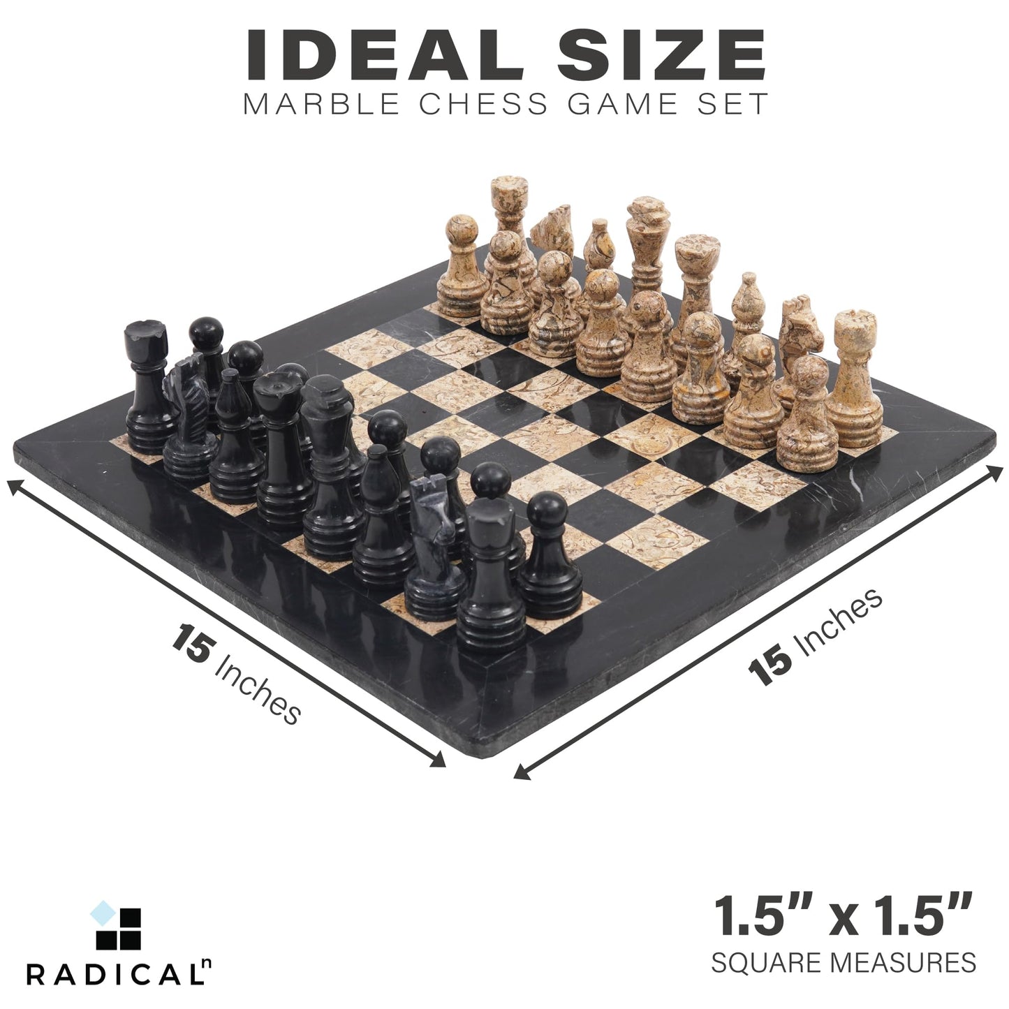 Radicaln Marble Chess Set With Storage Box 15 Inches Black And Fossil Coral Handmade Chess Board Games - 2 Player Games For Adults - 1 Chess Board & 32 Chess Pieces