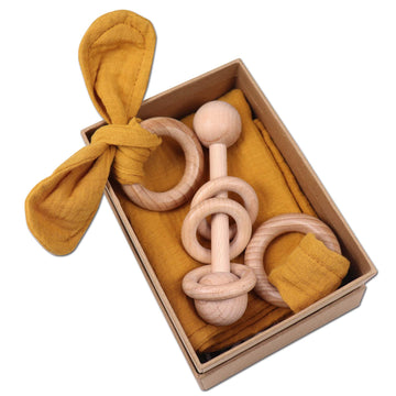 Baby Lovey, Wood Rattle, Teether Ring, 3 Pack Montessori Gift, Ginger, 100% Cotton, Double Gauze, Baby Girl Shower Gift