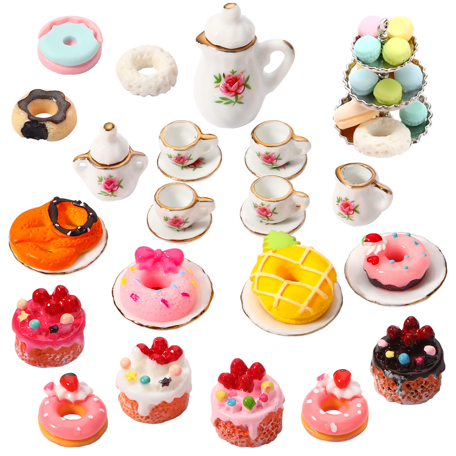 40 Pcs 1:12 Scale Dollhouse Miniature Kitchen Accessories Set Includes 15 Flower Pattern Porcelain Tea Cup 24 Mixed Pretend Cake Foods 1 Mini Three-Tier Cake Stand For Decor Supply (Sweet Style)