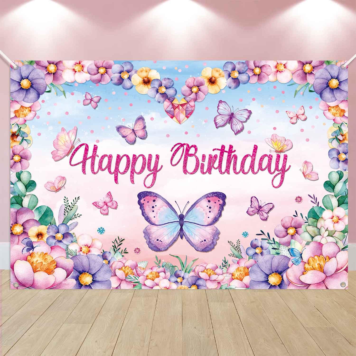 LDWLYW Butterfly Birthday Backdrop Butterfly Happy Birthday Banner for Women Kids Girl Pink Purple Butterfly Birthday Party Deco