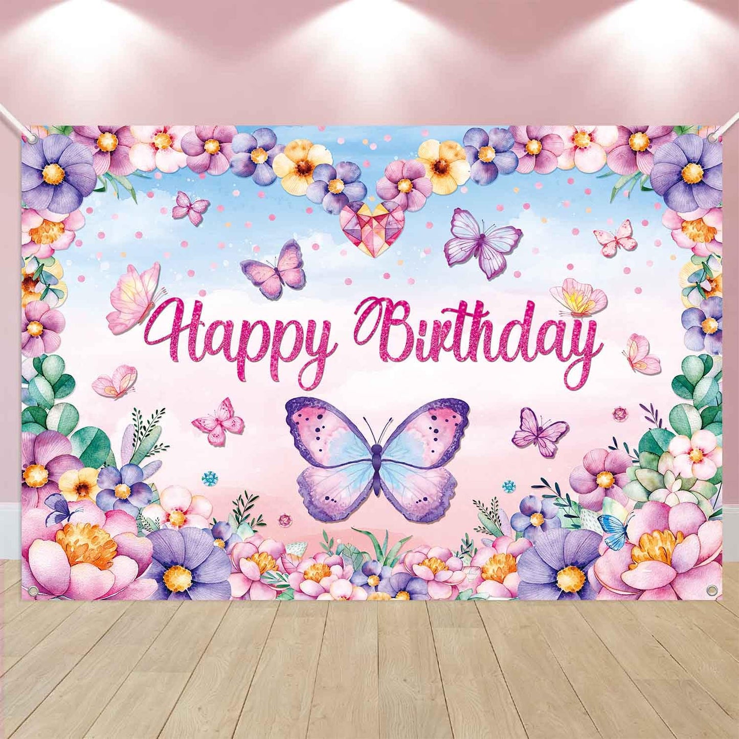 LDWLYW Purple Butterfly Happy Birthday Backdrop Banner Large Butterfly Birthday Party Decorations Supplies for Girl Women Kids S